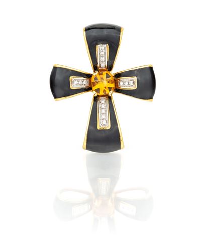 Pendente a Croce, Topazio, Brillanti e Smalto Nero