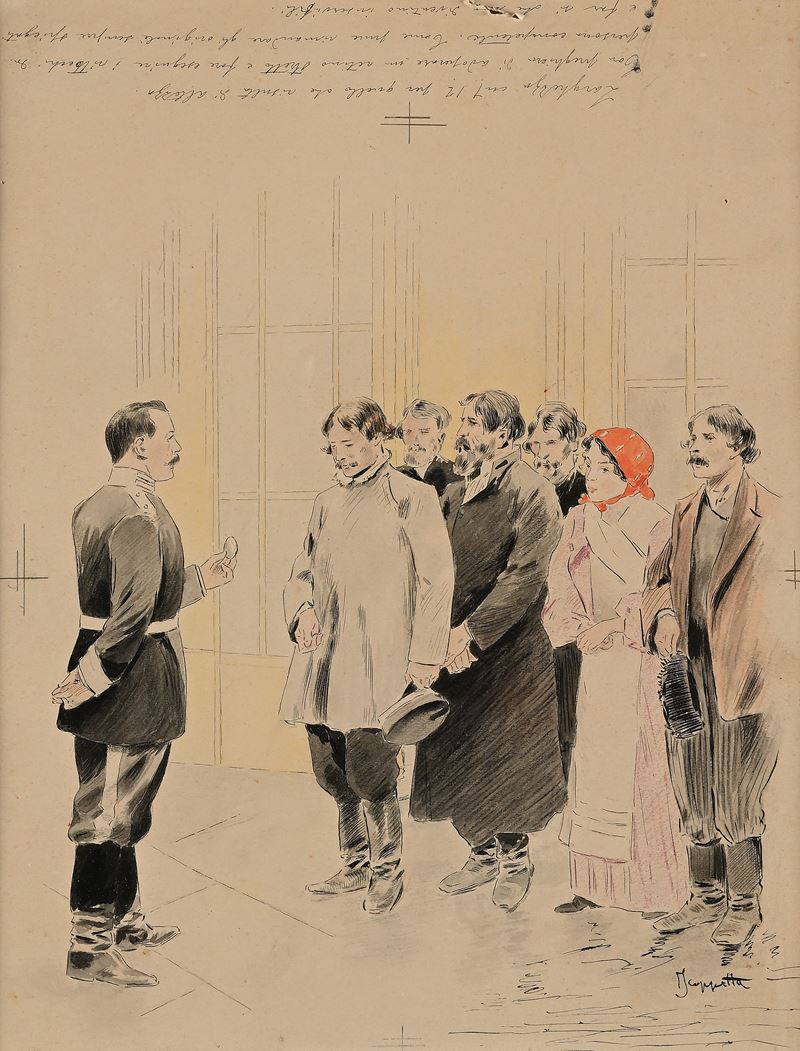 Pietro Scoppetta - Scena con Figure e Militare (tavola per un'illustrazione)