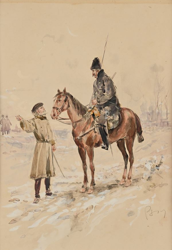 Pietro Scoppetta - Scena con militare a cavallo (tavola per un' illustrazione)