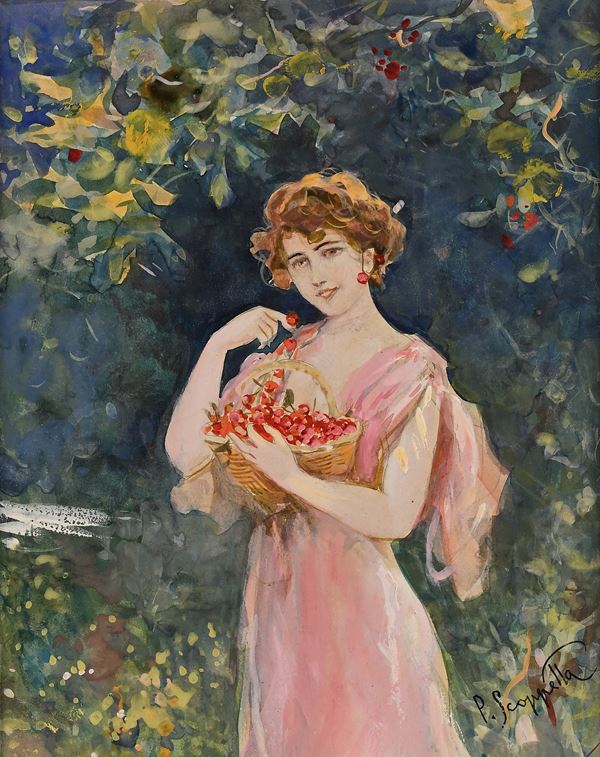 Una tira l'altra (giovane donna con cesto di ciliegie)