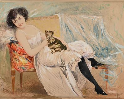 Giovane Donna in un Interno con un Gatto
