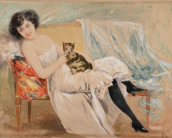 Giovane donna in un interno con un gatto