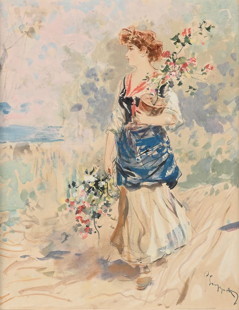 Pietro Scoppetta - Giovane Popolana con Vaso e Mazzo di Fiori