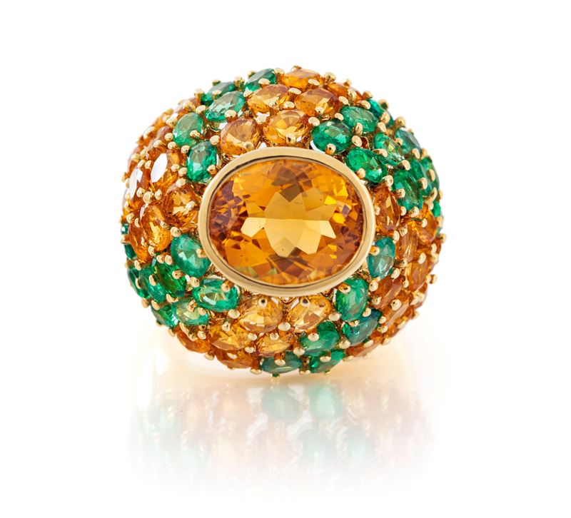Anello in Oro, Smeraldi e Quarzi Citrini
