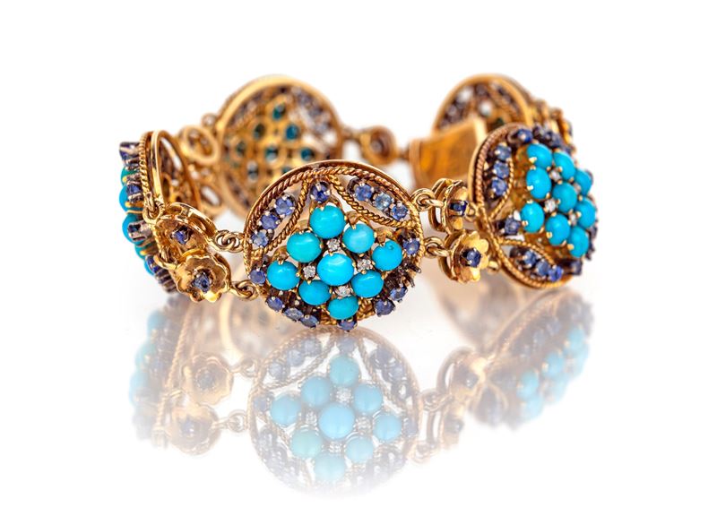 Bracciale Antico in Oro, Zaffiri, Turchesi e Diamanti