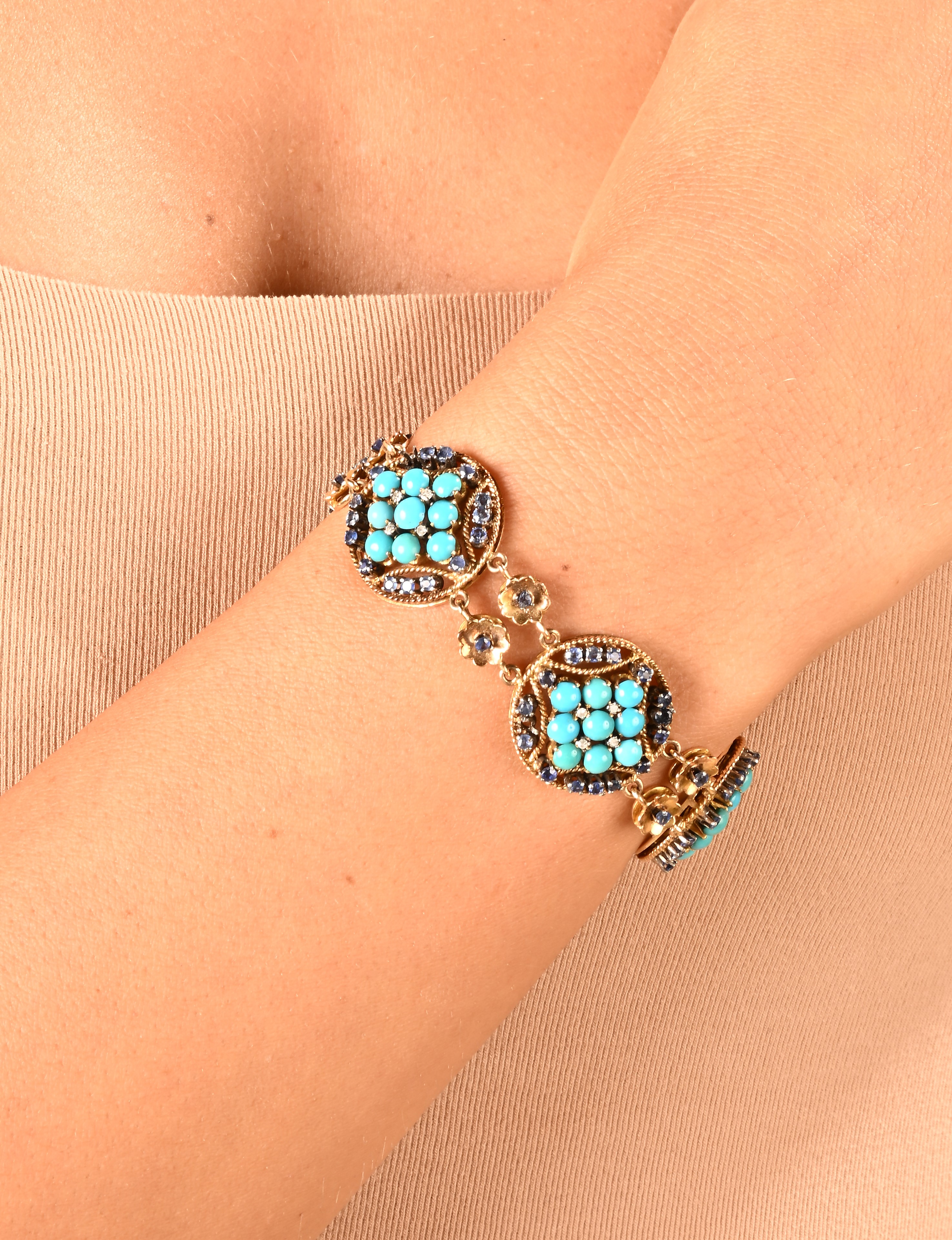 Bracciale Antico in Oro, Zaffiri, Turchesi e Diamanti