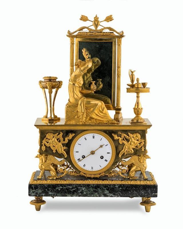 Orologio Direttorio in Bronzo Dorato con Toeletta di Psiche con Base in Verde Antico, Francia Ini...