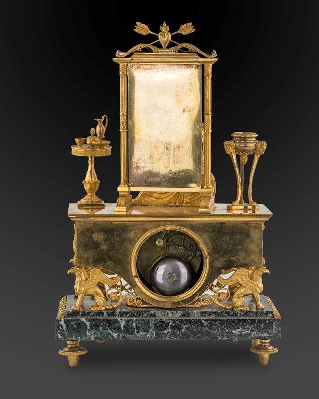 Orologio Direttorio in Bronzo Dorato con Toeletta di Psiche con Base in Verde Antico, Francia Ini...