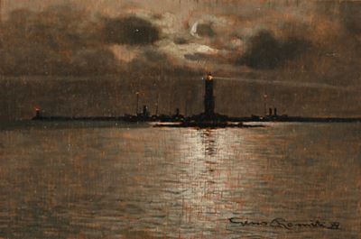 Veduta Notturna di un Porto con un Faro