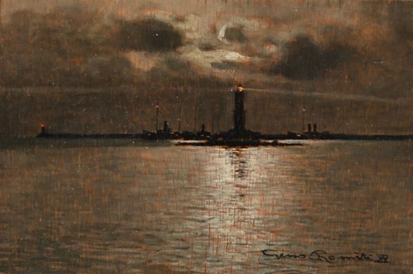 Gino Romiti - veduta notturna di un porto con un faro