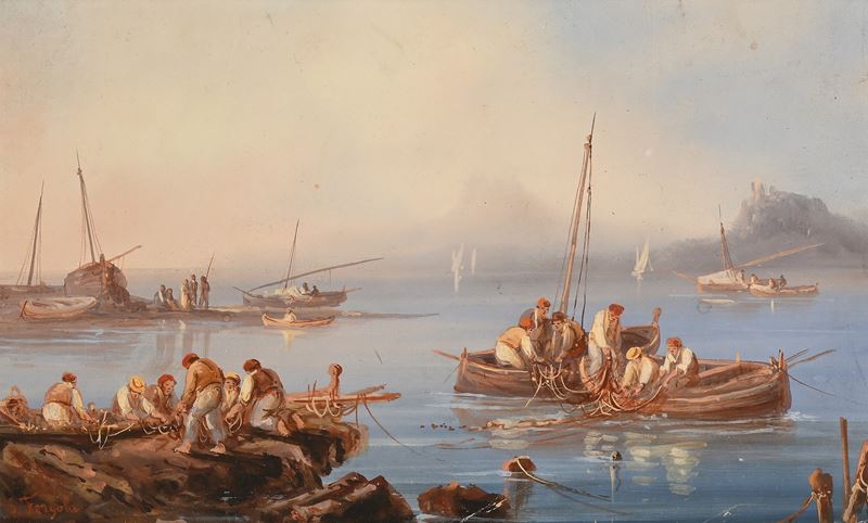 Salvatore Fergola - Pescatori e Barche Vicino agli Approdi