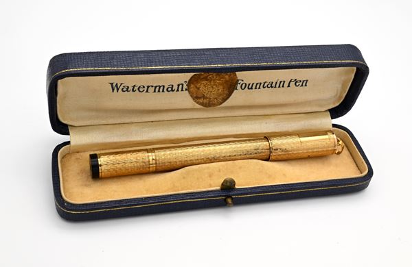 Waterman Ideal 42 - Penna stilografica retrattile vintage in ebanite rivestita di metallo laminato in oro giallo 18 Kt con incisioni geometriche