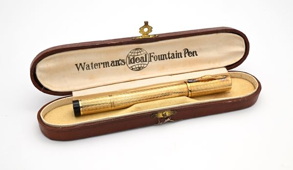 Waterman Ideal 42 - Penna stilografica retrattile vintage in ebanite rivestita di metallo laminato in oro giallo 18 Kt con incisioni geometriche