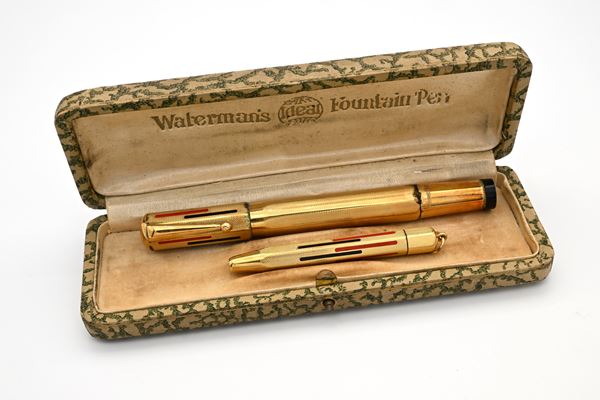 Waterman Ideal 42 - Penna stilografica retrattile e portamatita vintage rivestita di metallo laminato in oro giallo 18 Kt con smalti ed incisioni geometriche
