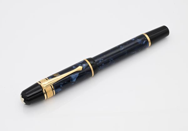 Montblanc Edgar Allan Poe Special Edition - Penna Stilografica in resina blu marmorizzata con decori in metallo inciso placcato in oro giallo 