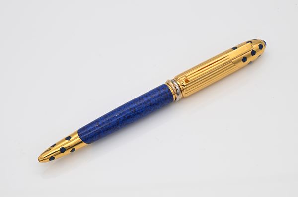 Cartier Pasha 1990 - Penna a sfera in vernice lapislazzulo e metallo placcato in oro con zaffiro cabochon sul cappuccio