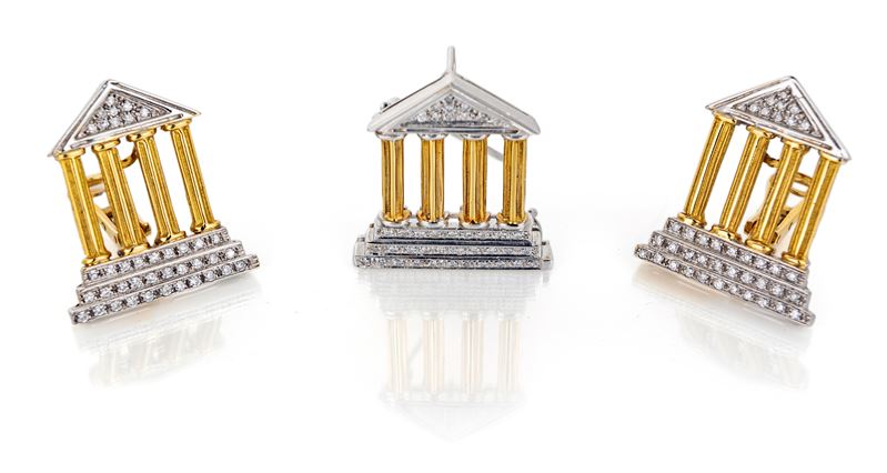 Parure Spilla e Coppia di Orecchini in Oro e Brillanti