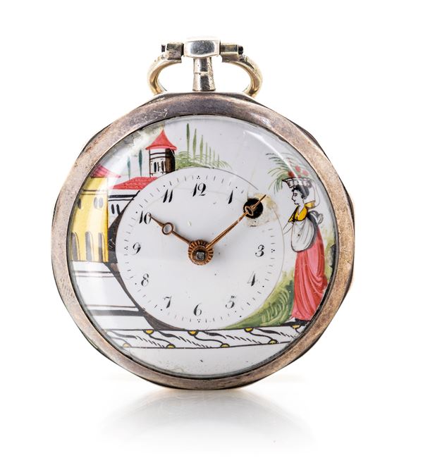 Anonimo - Orologio da tasca con carica a chiavetta del periodo "rivoluzionario" in argento con cassa sfacettata. Movimento a conoide con scappamento a verga