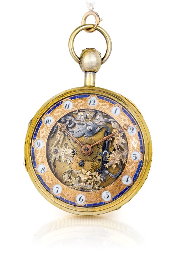 Orologio da tasca con automi in metallo dorato, corredato di catena