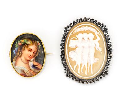 Coppia di Spille in Argento, Metallo, Cammeo e Miniatura