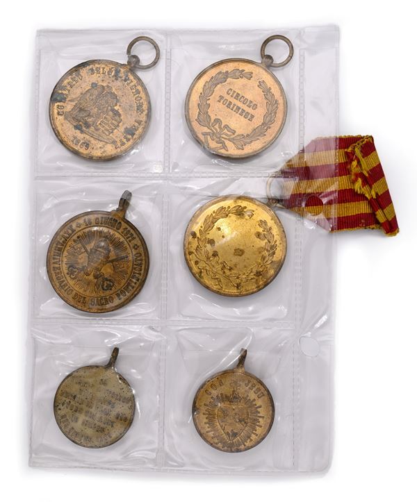 6 medaglie in bronzo dorato del XIX secolo: Fiera dell'Ospizio Marino di Venezia 1869; XXV° Anniversario di Pontificato di Pio IX 1871 (2 pezzi), Al Merito dell'Associazione Internazionale D'Incoraggiamento Napoli, Circolo Torinese Istruzione e Lavoro; Pia Unione della Madri Cristiane