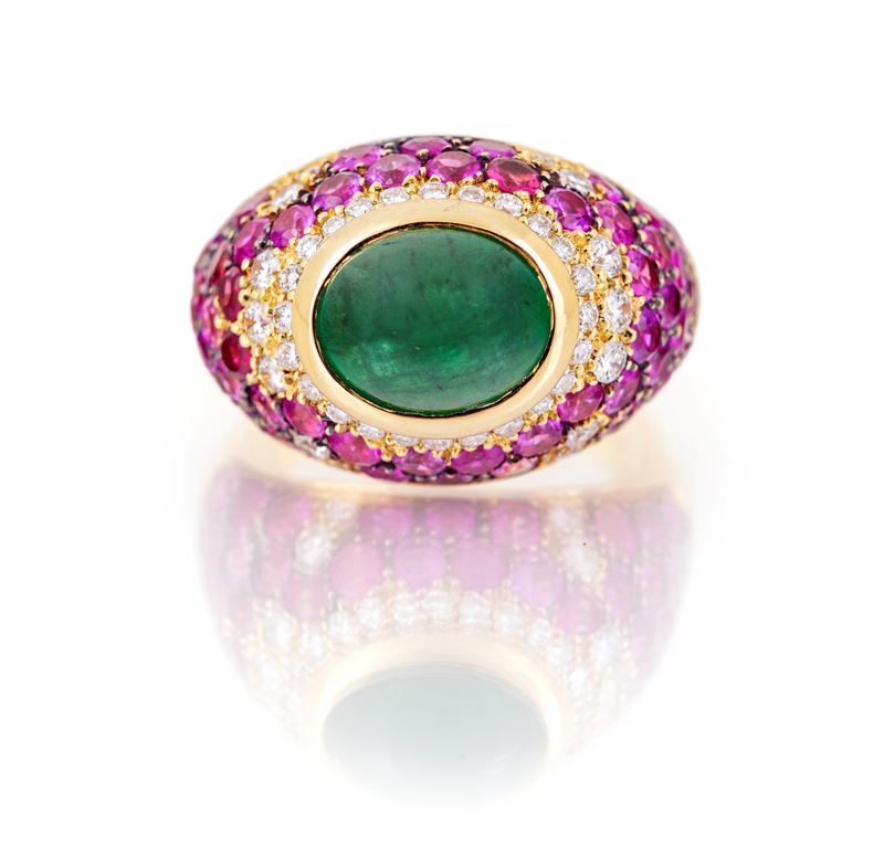 Anello in Oro, Smeraldo, Zaffiri Rosa e Brillanti