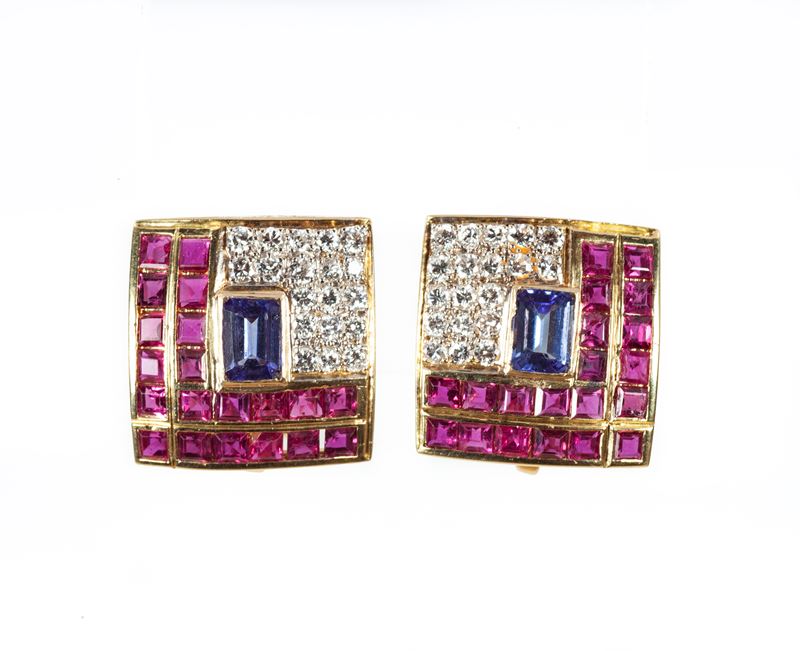 Orecchini in Oro, Brillanti, Tanzanite e Rubini