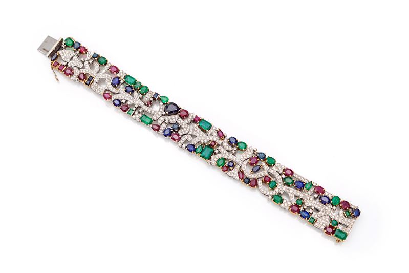 Bracciale "tutti Frutti" in Oro, Zaffiri, Rubini, Smeraldi e Brillanti