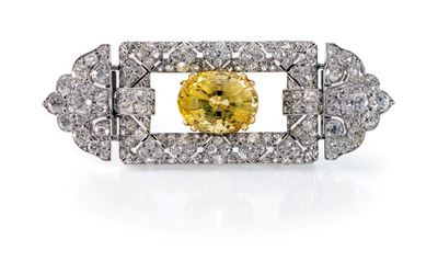 Spilla Déco in Platino, Diamanti e Zaffiro Giallo