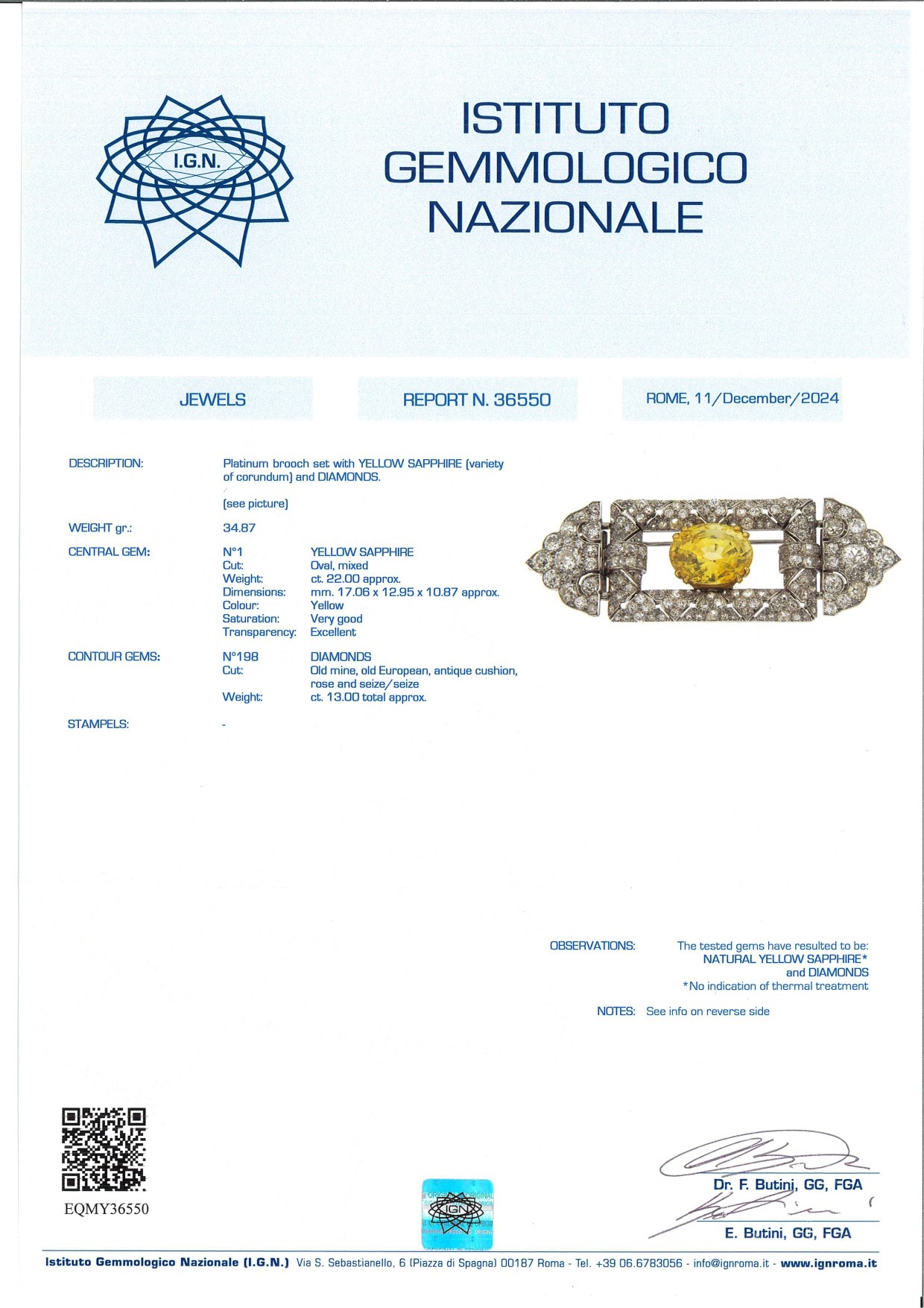 Spilla Déco in Platino, Diamanti e Zaffiro Giallo