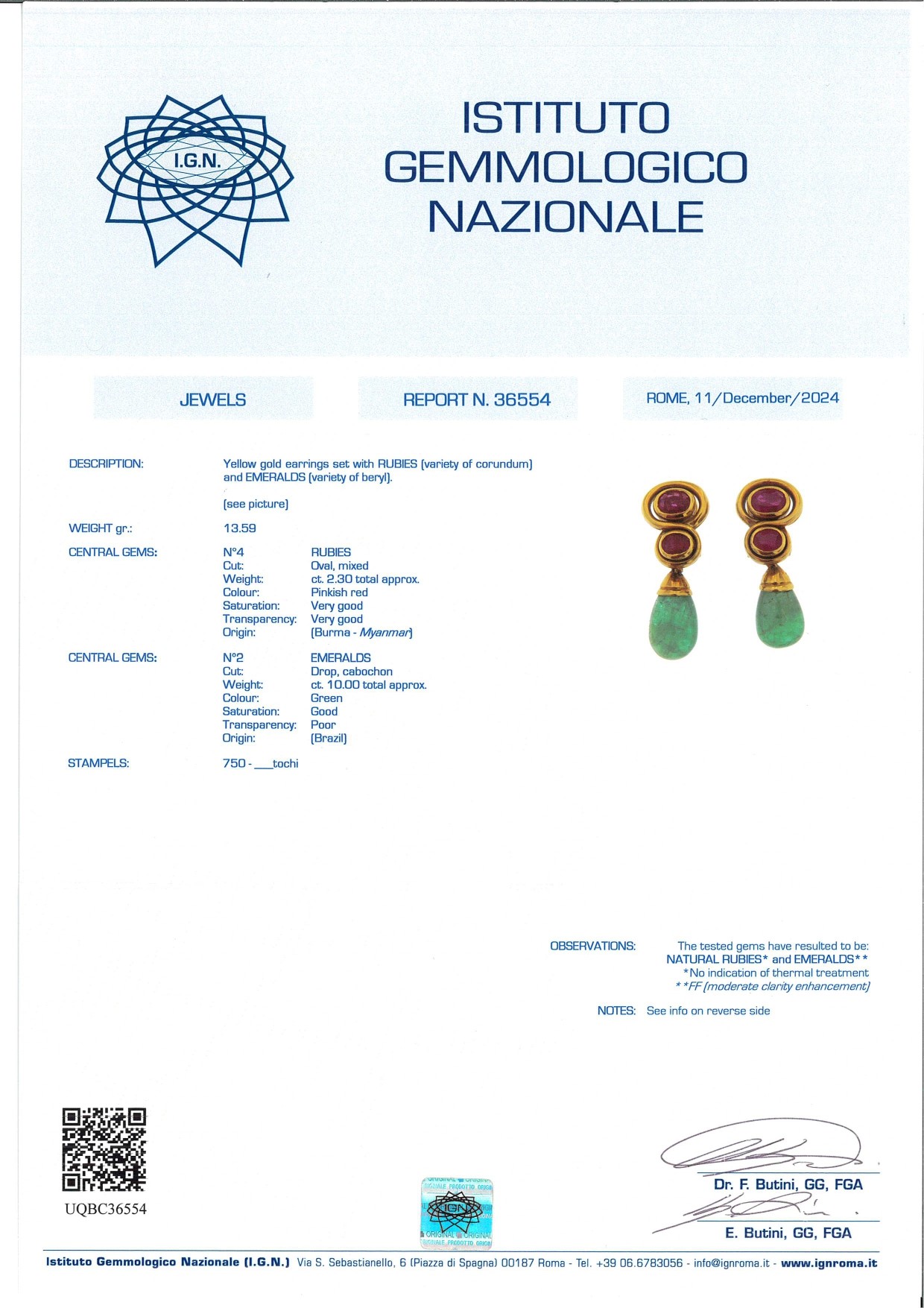 Petochi, Coppia di Orecchini Pendenti in Oro, Smeraldi e Rubini
