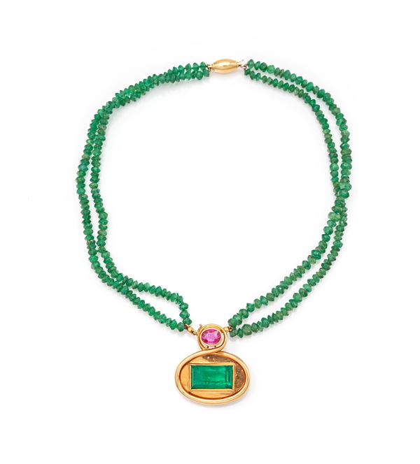 Petochi  pendente in oro smeraldo, zaffiro rosa e avventurina 
