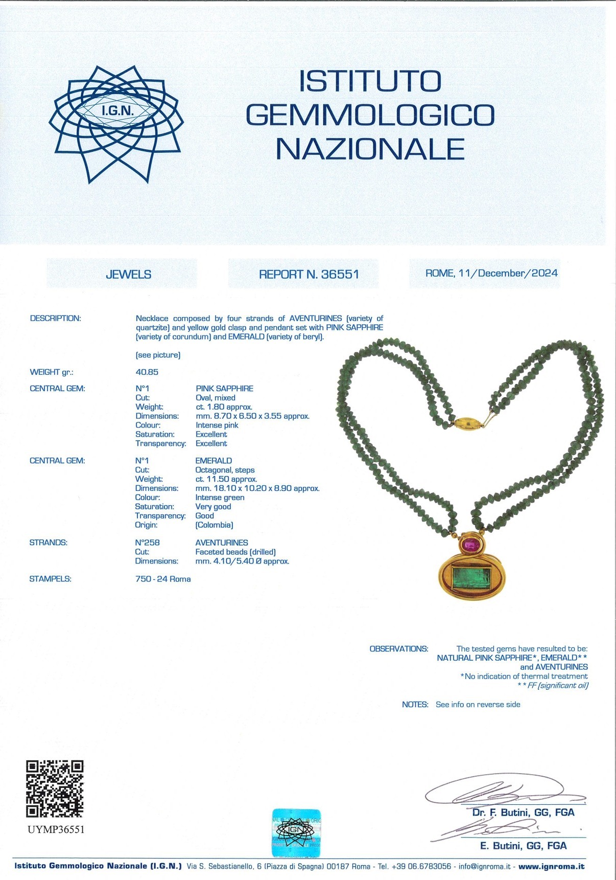 Petochi pendente in oro smeraldo, zaffiro rosa e avventurina