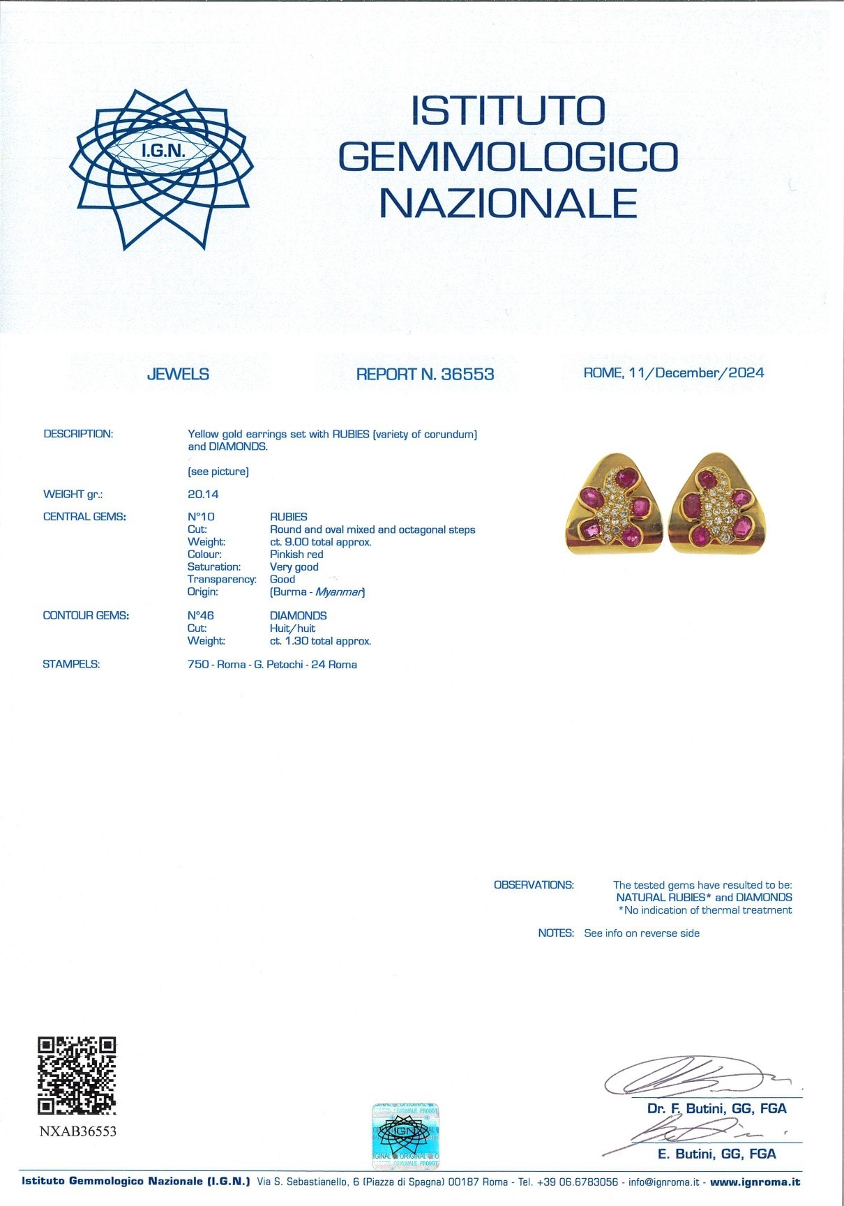 Petochi coppia di orecchini in oro giallo, brillanti e rubini