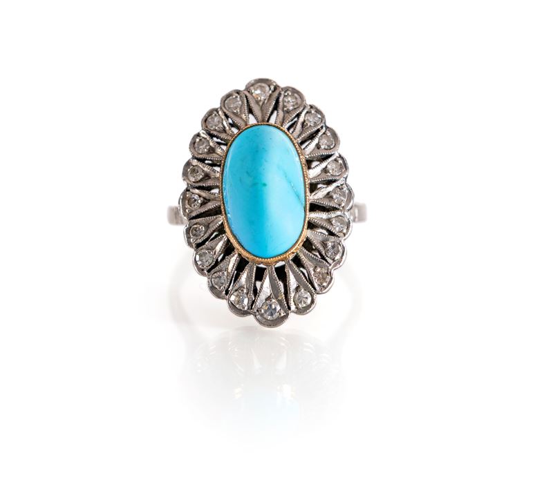 Anello in Oro, Turchese e Diamanti