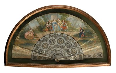 Ventaglio in Cornice con Stecche in Madreperla e Pagina con Dame e Musici, XIX Secolo