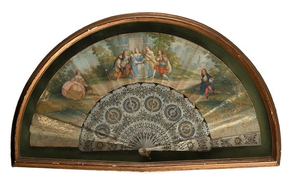 Ventaglio in cornice con stecche in madreperla e pagina con dame e musici, XIX secolo