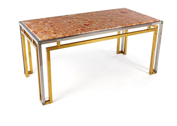 Tavolo rettangolare in ottone dorato e nichelato, Anni Settanta