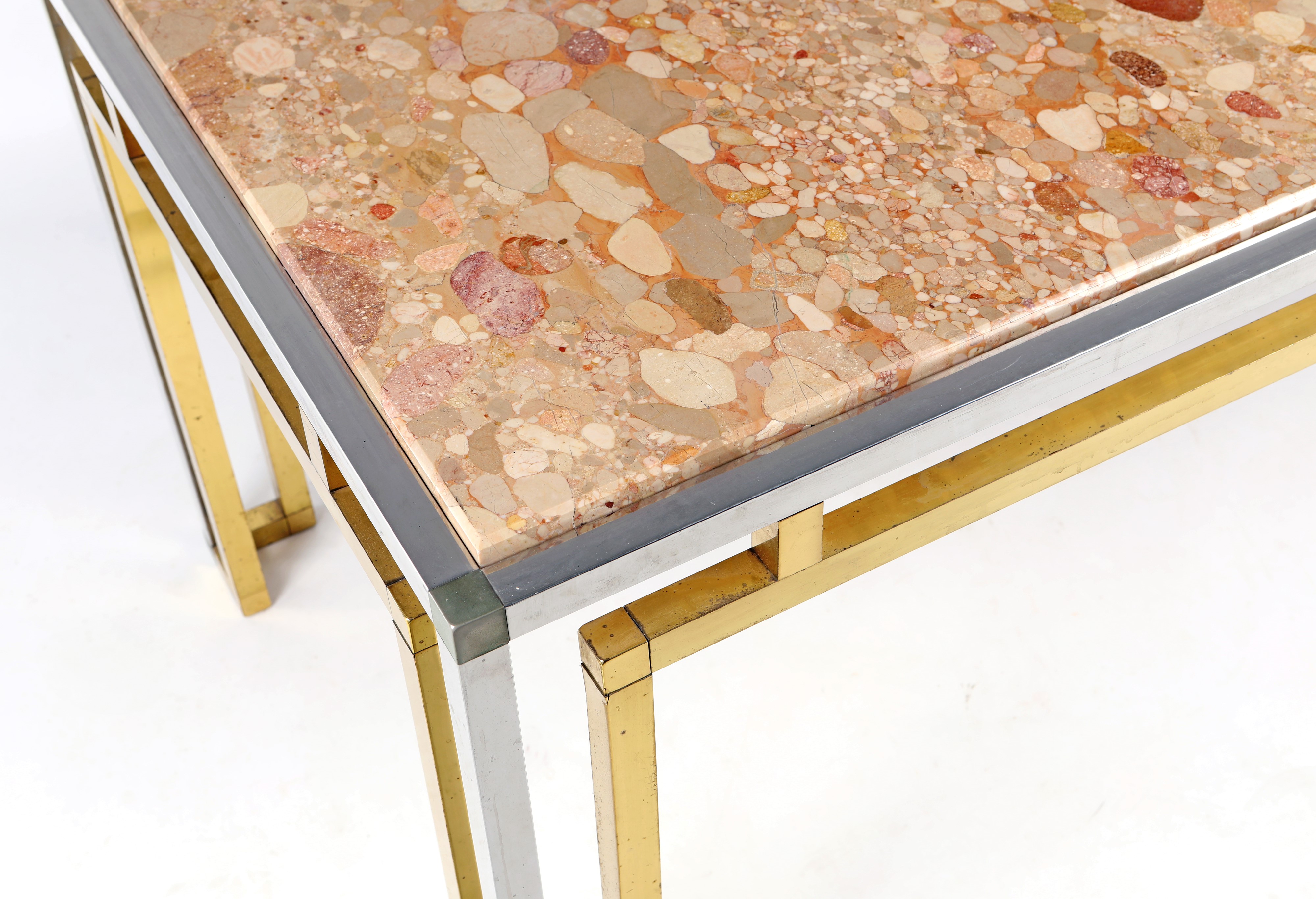 Tavolo rettangolare in ottone dorato e nichelato, Anni Settanta