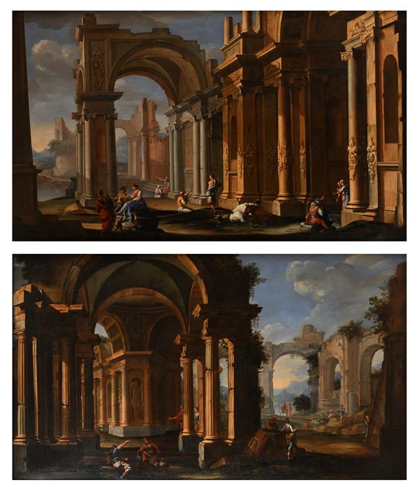 Coppia di dipinti raffiguranti capricci architettonici