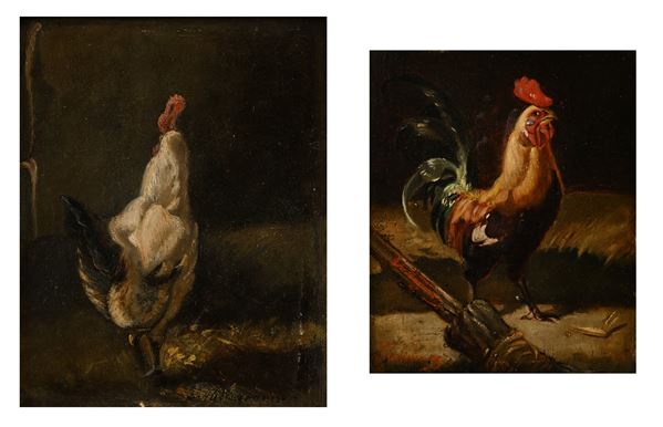 Coppia di dipinti raffigurante galli
