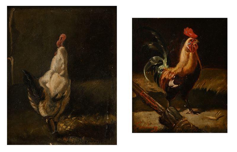 Cimino di Valenzano (scuola Francese del XIX Secolo) - Coppia di Dipinti Raffigurante Galli