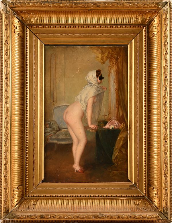 Interno con figura femminile nuda con velo e maschera che si specchia