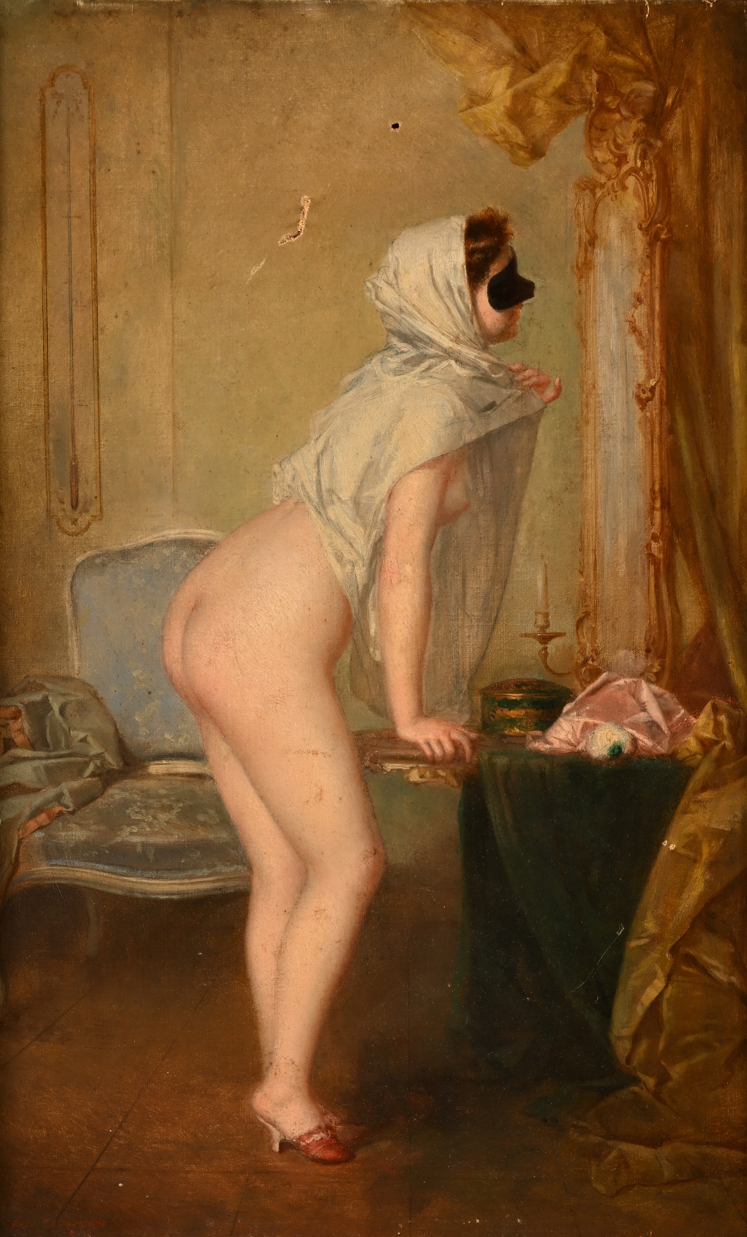 Scuola Francese del XIX Secolo - Interno con Figura Femminile Nuda con Velo e Maschera che Si Spe...