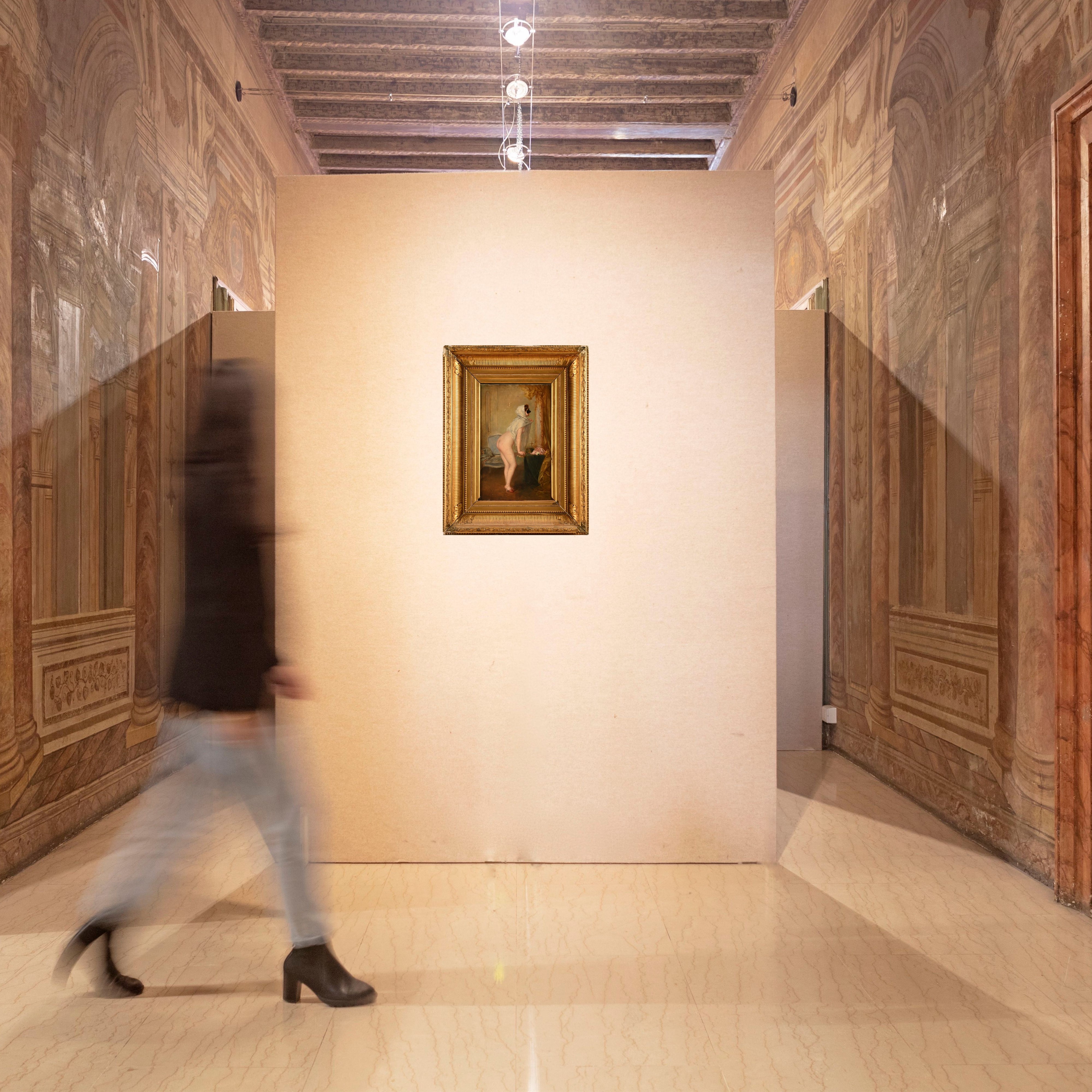 Scuola Francese del XIX Secolo - Interno con Figura Femminile Nuda con Velo e Maschera che Si Spe...