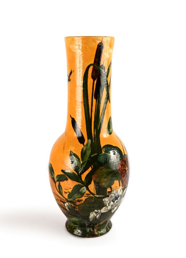 Fran&#231;ois Laurin - Grande vaso in ceramica dipinta arancione con canne palustri