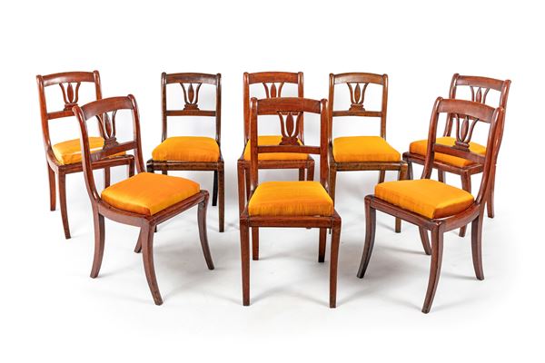Otto sedie in legno di frutto, XIX secolo