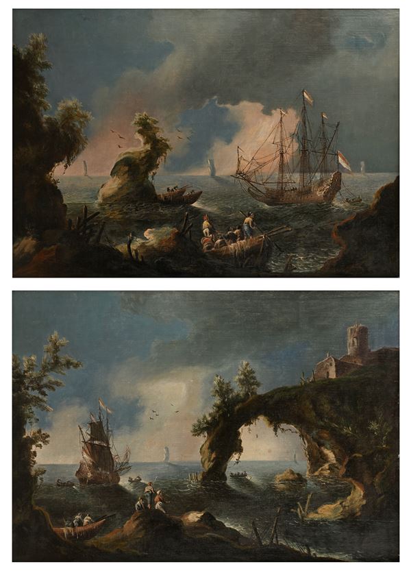 Coppia di dipinti raffiguranti vedute di marine con Archi Naturali