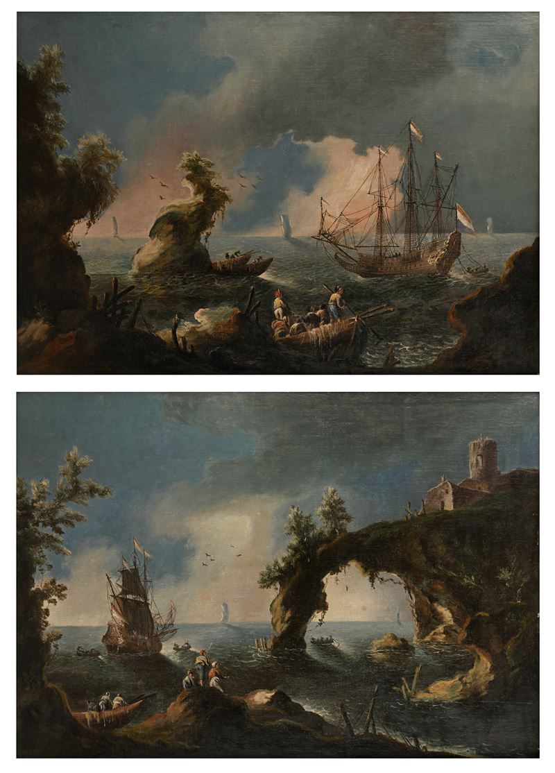 Scuola Napoletana del XVII Secolo - Coppia di Dipinti Raffiguranti Vedute di Marine con Archi Nat...