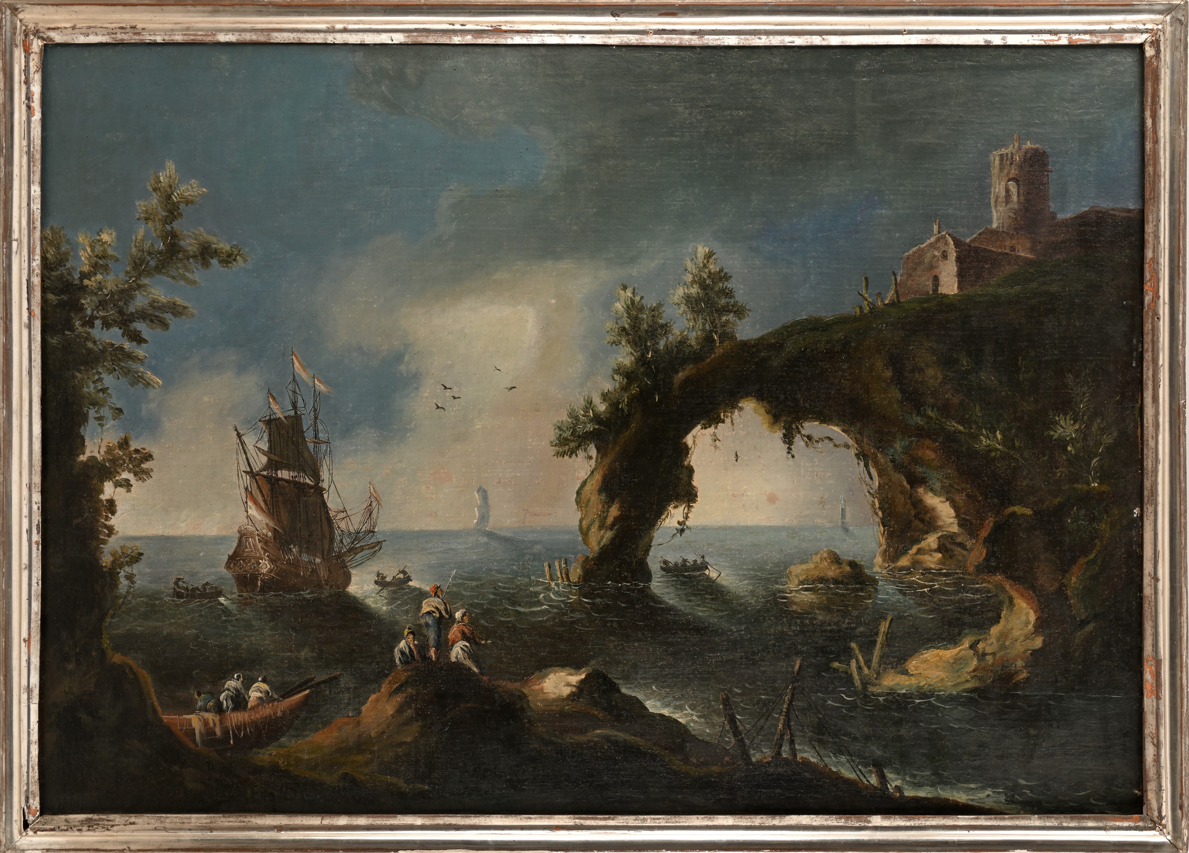 Scuola Napoletana del XVII Secolo - Coppia di Dipinti Raffiguranti Vedute di Marine con Archi Nat...